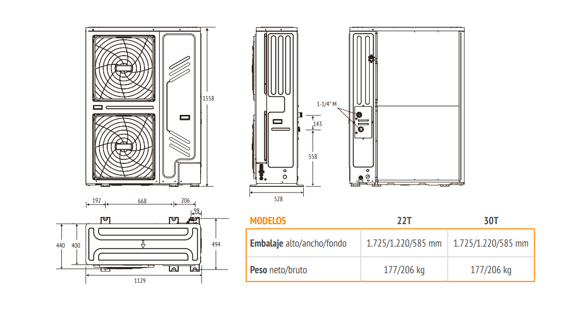   Medidas de la Bomba de Calor Aerotermia FERROLI OMNIA M 3.2 22T